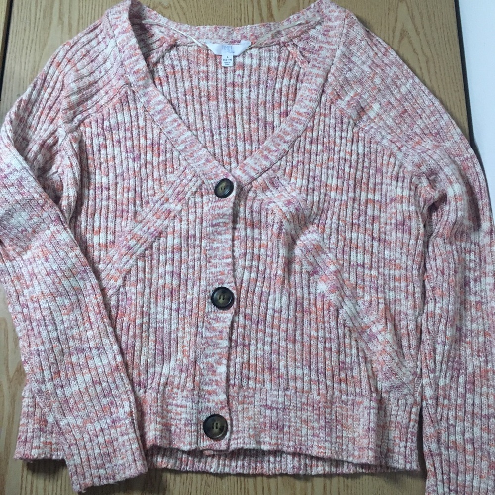 #5 Womens Time and Tru Pink Cardigan Sweater Pink White Marble Size Large 12-14
